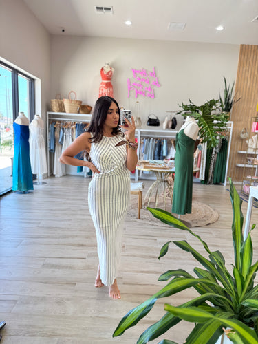 RUTH FRONT TWIST STRIPED MIDI DRESS | GREY & WHITE