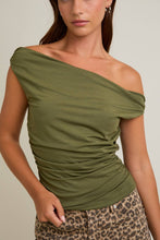 Load image into Gallery viewer, SADIE OFF THE SHOULDER RUCHING TOP | OLIVE GREEN
