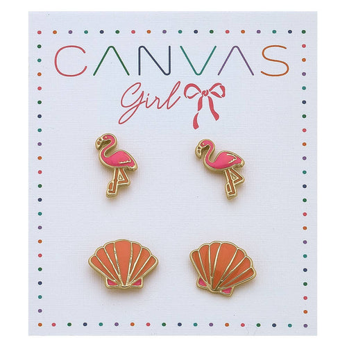 BEACH DAYS FLAMINGO & SEASHELL EARRINGS