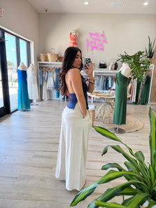 AMBER LINEN HALTER TANK | NAVY