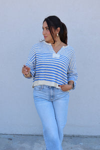 JENNA STRIPED SLOUCHY KNIT TOP | ECRU & BLUE