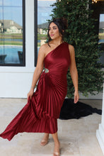 Load image into Gallery viewer, MERLOT ASYMMETRICAL PLEATED MAXI DRESS