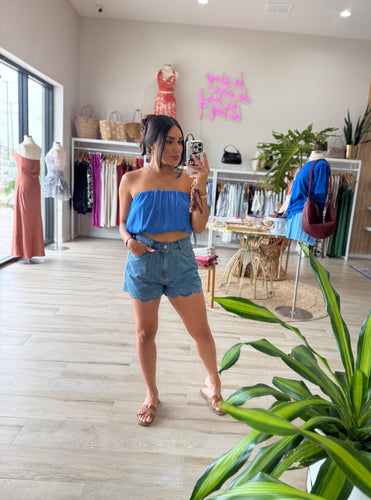 AMANZA STRAPLESS BUBBLE TOP | BLUE