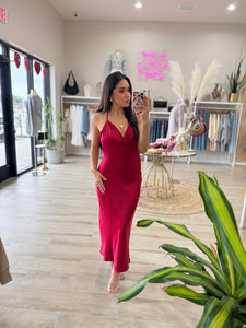 RUBY OPEN BACK SATIN MIDI DRESS