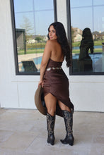 Load image into Gallery viewer, BOURBON ROMANCE SATIN DRESS | CHOCOLATE