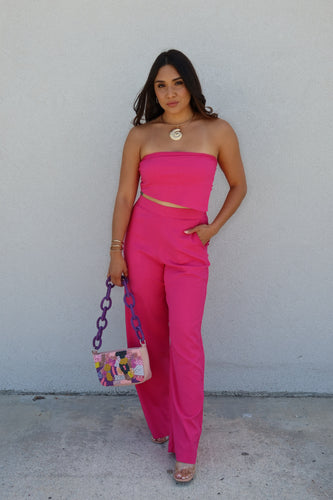 BRITTANY LINEN BANDEAU PANT SET | FUCHSIA