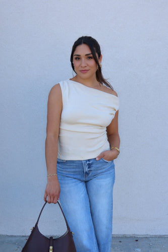 AINSLEY ASYMMETRICAL NECK SWEATER TOP | CREAM