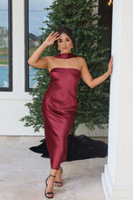 Load image into Gallery viewer, VIVIENNE STRAPLESS SCARF SATIN MIDI DRESS | WINE