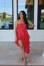Load image into Gallery viewer, CORA HIGH LOW RUFFLE LACE DRESS | CORAL