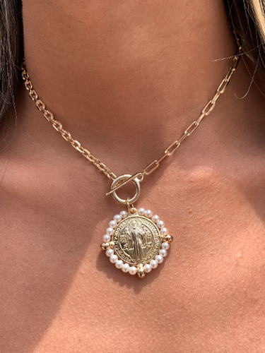 SAINT BENEDICT PEARL COIN NECKLACE | GOLD FILLED