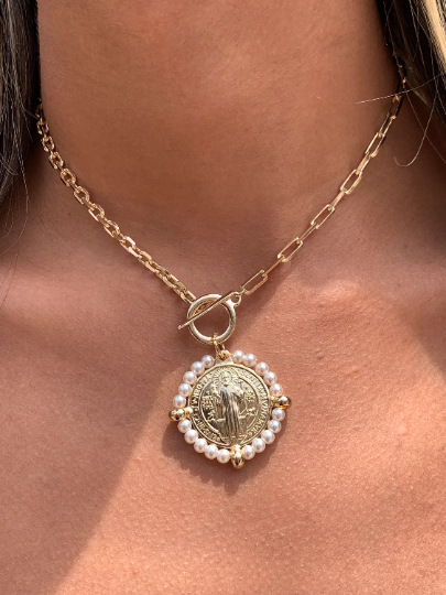 SAINT BENEDICT PEARL COIN NECKLACE | GOLD FILLED