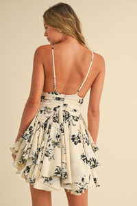ELLA FLORAL RUFFLED FLARED MINI DRESS | CREAM & BLACK
