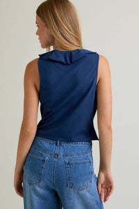 NATASHA V-NECK RUFFLE TIE FRONT KNIT TOP | NAVY