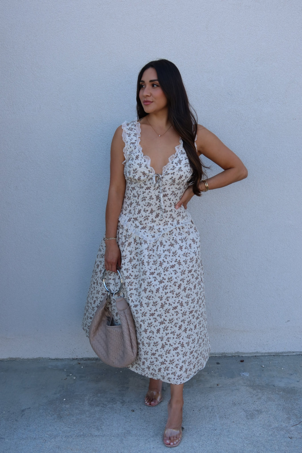 PRIMROSE LACE DROP WAIST MIDI DRESS | CREAM & BROWN
