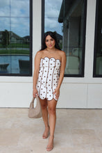 Load image into Gallery viewer, BARI STRAPLESS POLKA DOT SCALLOPED MINI DRESS | BROWN &amp; CREAM