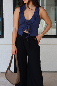 NATASHA V-NECK RUFFLE TIE FRONT KNIT TOP | NAVY
