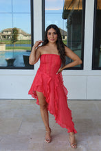 Load image into Gallery viewer, CORA HIGH LOW RUFFLE LACE DRESS | CORAL