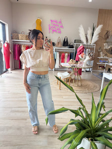 CARLY STRIPED OPEN BACK CROP TOP | TAUPE