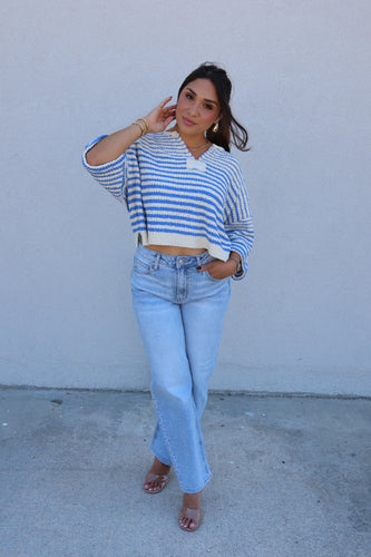 JENNA STRIPED SLOUCHY KNIT TOP | ECRU & BLUE