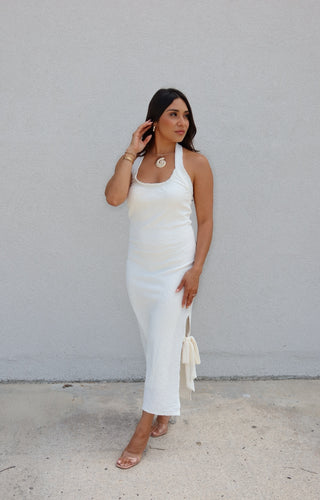 FAYE TIE DETAIL HALTER MIDI DRESS | IVORY
