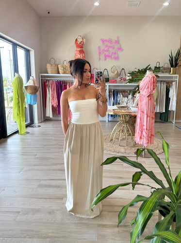 WREN LINEN & KNIT  COMBO DRESS | WHITE & NATURAL