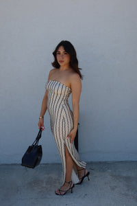 KIARA TEXTURED STRIPED KNIT STRAPLESS DRESS | NATURAL