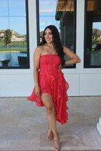 Load image into Gallery viewer, CORA HIGH LOW RUFFLE LACE DRESS | CORAL