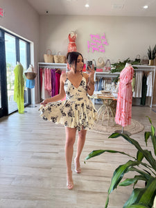 ELLA FLORAL RUFFLED FLARED MINI DRESS | CREAM & BLACK
