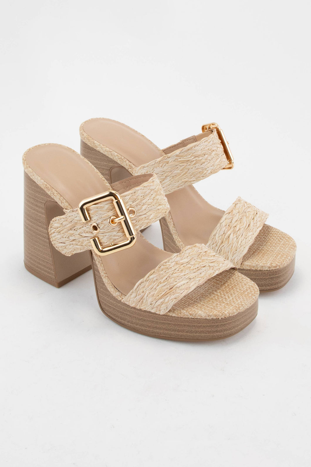 CHARLIE BOLD BUCKLE PLATFORM HEEL | RAFFIA