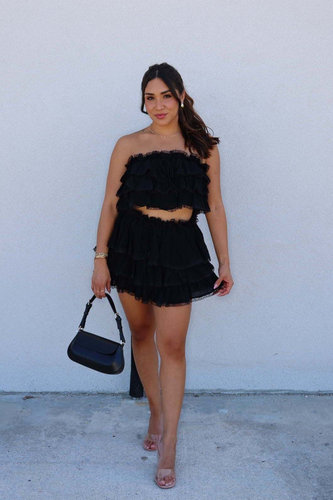 EMBER RUFFLED TULLE MINI SKIRT SET | BLACK