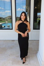 Load image into Gallery viewer, GISELE GOLD APPLIQUE HALTER NECK DRESS | BLACK