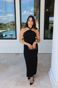 GISELE GOLD APPLIQUE HALTER NECK DRESS | BLACK