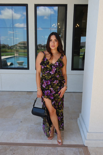 MIDNIGHT VIOLET ASYMMETRICAL RUFFLED DRESS