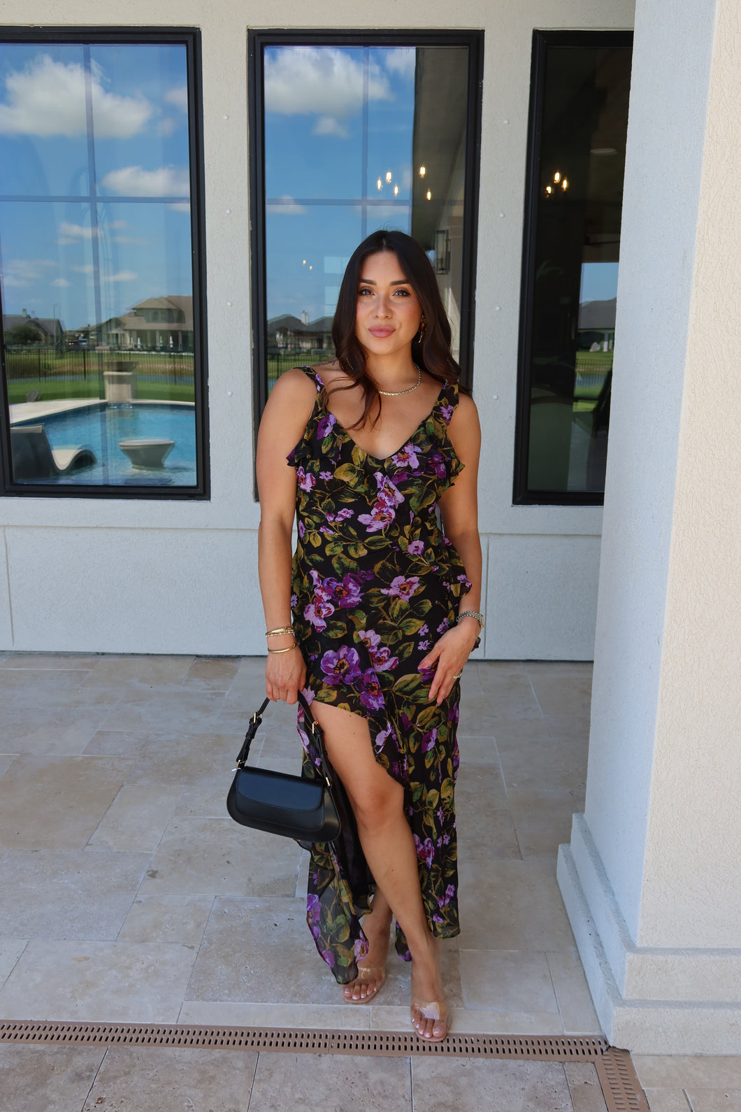 MIDNIGHT VIOLET ASYMMETRICAL RUFFLED DRESS