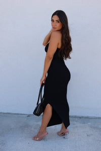 RACHEL RUCHED HALTER NECK KNIT MAXI DRESS | BLACK