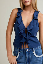 Load image into Gallery viewer, NATASHA V-NECK RUFFLE TIE FRONT KNIT TOP | NAVY