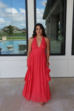 Load image into Gallery viewer, MICA TIERED RUFFLE HALTER MAXI DRESS | CHERRY TOMATO