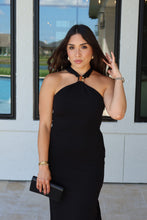 Load image into Gallery viewer, GISELE GOLD APPLIQUE HALTER NECK DRESS | BLACK