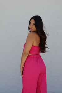 BRITTANY LINEN BANDEAU PANT SET | FUCHSIA