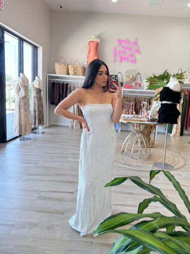 MAYA STRIPED STRAPLESS MAXI DRESS | IVORY & BLACK