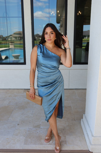 AZUL SATIN ONE SHOULDER MIDI DRESS