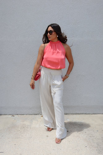 COTTON LINEN SMOCKED PANTS | OATMILK