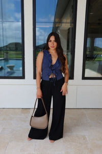 NATASHA V-NECK RUFFLE TIE FRONT KNIT TOP | NAVY