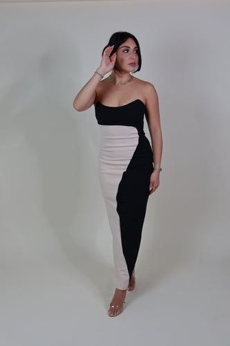 YASMIN BODYCON ABSTRACT MAXI DRESS | BLACK & BEIGE