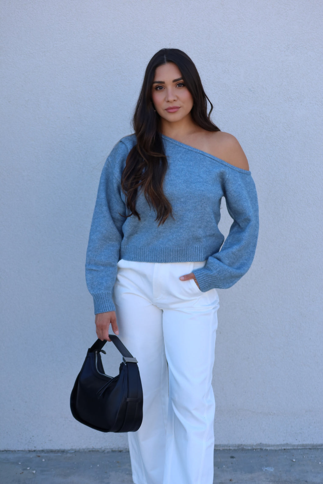 ASHTON SHOULDER SWEATER TOP | MUTED BLUE