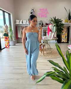 LUCY HALTER NECK JUMPSUIT | LT DENIM