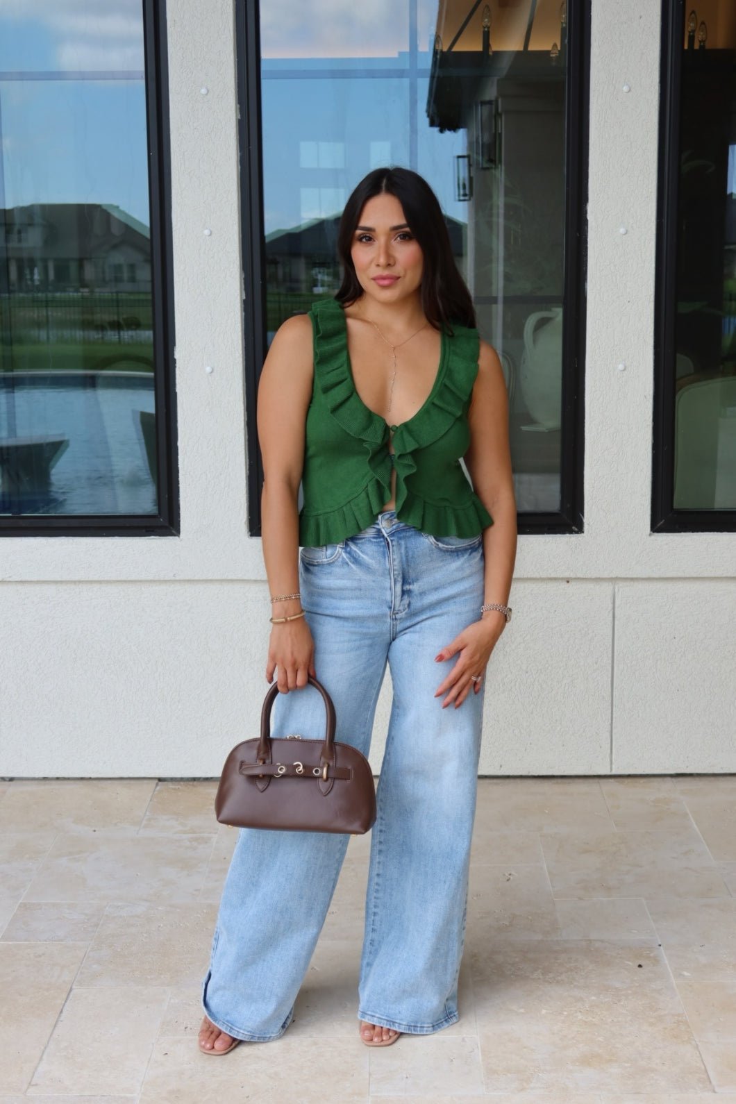 GABRIELA V-NECK RUFFLE DETAIL SWEATER TOP | GREEN