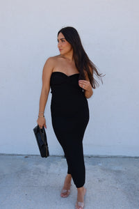 RACHEL RUCHED HALTER NECK KNIT MAXI DRESS | BLACK