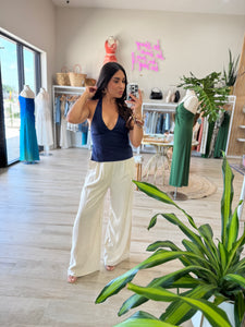 AMBER LINEN HALTER TANK | NAVY