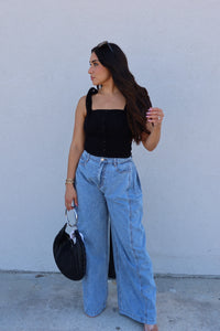 HEIDI LINEN BUTTON DOWN TIE STRAP TOP | BLACK